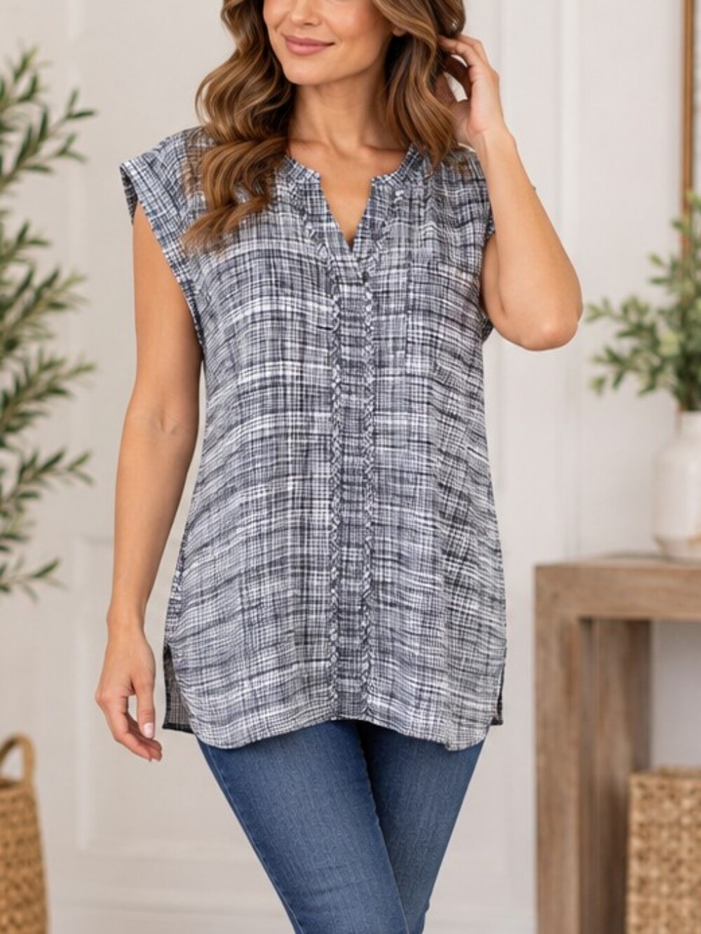 Worthington Women’s Plaid Short-Sleeve Tunic Top – Size M